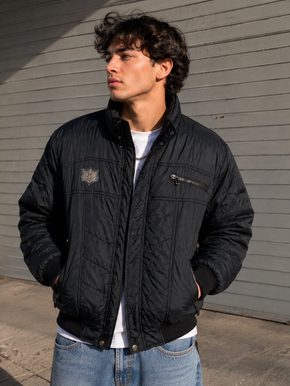 ENYCE Quilted Puffer Jacket M Black Y2K Hip Hop Streetwear Crest Logo Vintage